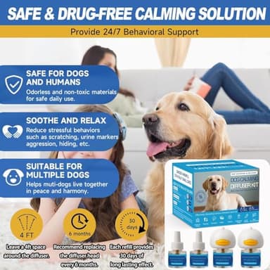 Dog Calming Pheromones Diffuser 6 in 1 Kit Appeasing Pheromone Diffuser to Calm (2 Plug in+4 Pack 48ml Refill) for Anxiety Relief Reduce Aggression Fighting Barking Stress 120 Day Supply - Blue - Image 2