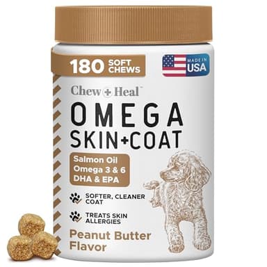 Omega for Dogs - 180 Delicious Soft Chews - Salmon Oil Treats for Skin and Coat, Itch Relief - Fish Oil Blend of Essential Fatty Acids, Omega 3, 6, and 9, and Vitamins - Peanut Butter Flavor - Image 1