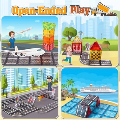 Magnetic Tiles Kids Construction Toys - Road Set with Magnet Crane for Boys Age 3-5 4-8 8-10, Magnet Building Blocks Expansion Pack Toy Car Track Train Set, Road, Dolls, Traffic Lights and Stations - Image 3