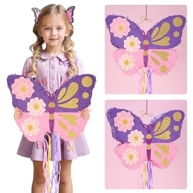 WERNNSAI Butterfly Piñata - Butterfly Birthday Party Supplies Pinata with Stick and Blindfold for Girls Kids Pull String Piñata Family Games Classroom Birthday Party Decorations 16.4” x 12.4” - Image 5