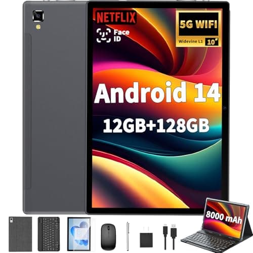 Android 14 Tablet with Keyboard - 10 inch Tablet, 12GB RAM, 128GB ROM (1TB Expand), 5G/2.4G WiFi, 8000mAh, BT 5.0, GMS Certified, with Mouse, Case, Stylus, Support Split screen, Face ID(Black Case) - Image 1