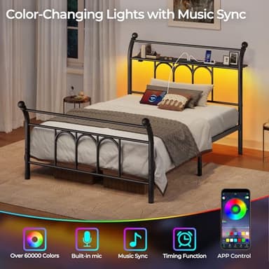 Rolanstar Twin Bed Frame with USB Charging Station, LED Bed Frame with Storage Headboard, Black Metal Platform Bed with Sleigh Headboard and Footboard, No Box Spring Needed, Noise Free - Image 3