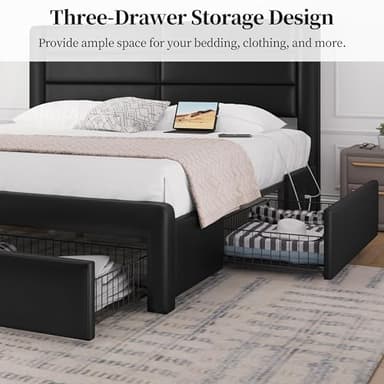 Yaheetech King Size Bed Frame with 2 USB Charging Station/Port for Type A&Type C/4 Storage Drawers, Leather Upholstered Platform Bed with Headboard/Solid Wood Slat Support/No Box Spring Needed/Black - Image 3