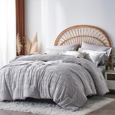 akkialla Boho Full Size 7 Piece Bedding Set, Light Grey, Microfiber Comforter Set with Sheets, Pillowcases and Shams for All Seasons - Image 1