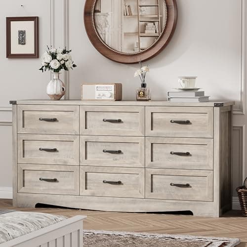 Dresser for Bedroom with 9 Drawers, 59" Wide Wood Chest of Drawers with Deep Drawers & Mental Handle, Modern Dresser TV Stand, Wooden Closet Storage Organizer for Living Room, Hallway, Entryway, Grey - Image 1