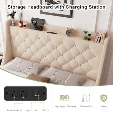 Feonase King Size Bed Frame with 4 Storage Drawers, Upholstered Storage Bed with Charging Station, Tufted Wingback Headboard, No Box Spring Needed, Beige - Image 4