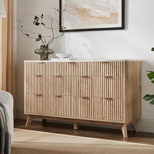 T4TREAM Fluted 7 Drawers Dresser, 54" Wide Modern Chest of Drawers with Faux Marble Top, Curved Profile Design, Dresser TV Stand, Wood Drawer Organizer for Bedroom, Living Room, Hallway, Natural Oak - Image 1
