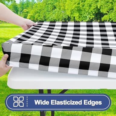 Smiry Picnic Table Cloth 2 Pack, Waterproof Elastic Fitted Tablecloths for 6FT Rectangle Tables, Washable Polyester Buffalo Plaid Tablecloth for Camping, Dining & Outdoor (Black & White, 30" x 72") - Image 3