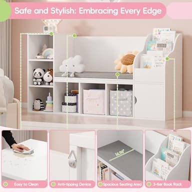MU Kids Bookshelf with Reading Nook, Toddler Bookcase Bench with Seat Cushion and 7 Storage Cubbies, Kids Reading Nook for Boys & Girls, Toy Storage Bench Box for Bedroom, Playroom, Nursery, White - Image 6