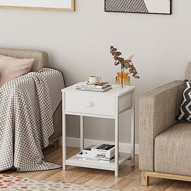 Furologee White Nightstands Set of 2, End Table with Fabric Drawer, Small Side Table for Small Spaces, 2 Tiers Storage Shelves End Table, Bedside Table for Living Room, Bedroom, Dorm - Image 4