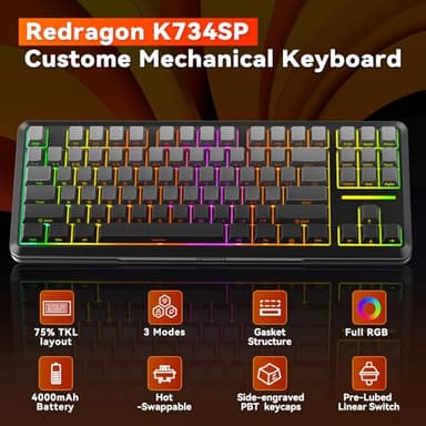 Redragon Wireless Mechanical Keyboard,3-Modes Bluetooth Gasket Hot Swappable TKL RGB Custom Keyboard,Pre-lubed Switches,Side Printed PBT Gradient Keycaps, South-Facing LEDs Socket - Image 2