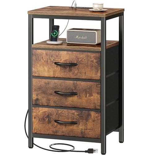 Huuger Nightstand with Charging Station, 27.6 Inch Bedside Table with Fabric Drawers, End Table with USB Ports and Outlets, Night Stand for Bedroom, Rustic Brown - Image 1