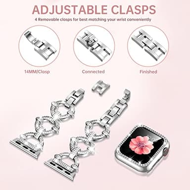 Mesime Compatible with Apple Watch Band 38mm 40mm 41mm 42mm 44mm 45mm , Women Girl Bling Diamond Jewelry Metal Strap Bands with Crystal Tempered Glass Screen Protector Case, Round Shiny Bracelet - Image 4