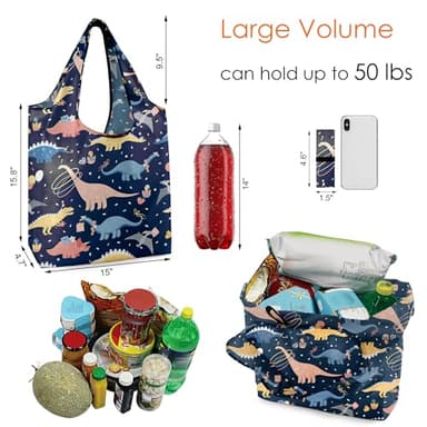 BeeGreen Dinosaur Lover Gifts for Women Animals Reusable Grocery Bags Shopping Bags Bulk 6 Pack 50LBS X-Large Foldable-Machine Washable-Heavy Duty - Image 2
