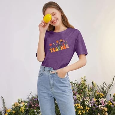 Teacher Woman T-Shirt Teach be Kind Teacher Summer Autumn Flowers Casual Short Sleeve T-Shirt Purple-M - Image 2