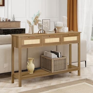 LAZZO Rattan Console Table Boho Entryway Table Narrow Long Sofa Table Hallway Foyer Table Behind Couch Table with 3 Drawers and Open Storage Shelf for Living Room and Corridor Brown - Image 2