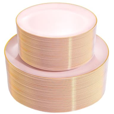 PULOTE 100PCS Pink Plastic Plates - Heavy Duty Pink and Gold Disposable Plates for Party, Wedding & Mother’s Day, Include 50 Dinner Plates and 50 Dessert Plates - Image 1