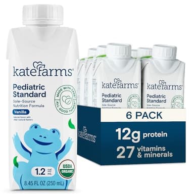 KATE FARMS Organic Pediatric 1.2 High Calorie Vanilla Nutrition Shake, 12g Protein, 27 Vitamins and Minerals, Meal Replacement, 8.45 oz (6 pack) - Image 1