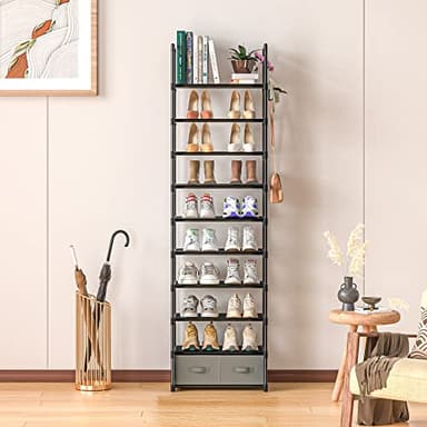 OYREL Tall Shoe Rack Narrow 10 Tier Shoes Rack 20 25 Pairs, Shoe Storage Organizer for Closet, Sturdy Metal Shoe Shelf Shoe Stand with 2 Boxes 1 Hook - Image 4
