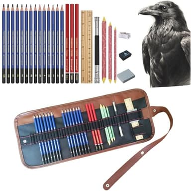 Drawing Sketching Pencil Set, 26 pcs Draw Supplies Kit, 14 Graphite (12B -6H), Charcoal Erasers Sharpener Extender, Ideal for Drawing Art, Sketching, Shading, Artist Pencils for Beginners Pro Artists - Image 1