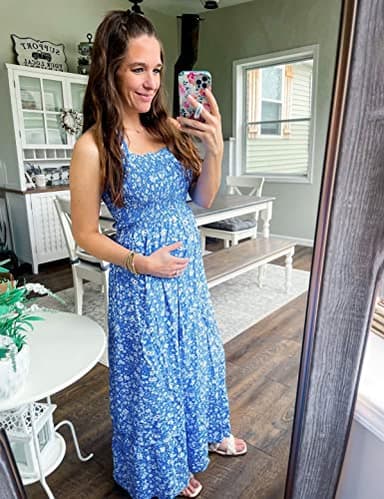 Tobrief Maxi Dress for Women Floral Dresses Square Neck Summer Strap Beach Dress Blue Floral L - Image 4