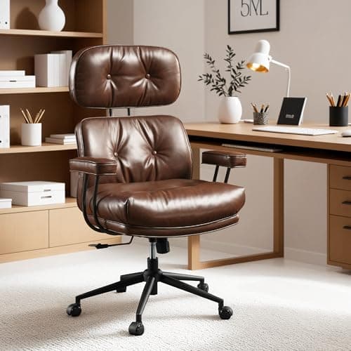 ovios Ergonomic Home Office Chair, Mid-Century Modern Faux Leather Chairs with Thickened Cushions, Comfy High Back Swivel Rolling Executive Computer Armchair (Dark Brown, PU Leather) - Image 1