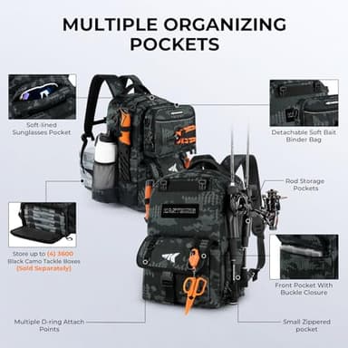 KastKing BaitSpace 50L Fishing Tackle Backpack with Removable Bait Binder,2 Rod Holders Storage Fishing Gear and Equipment,Black Camo - Image 4