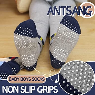 ANTSANG Baby Boys Grips Socks Kids Toddlers Infants Non Slip/Anti Skid Crew Cotton Socks 12 Pairs (Boy's-Dinosaur(12 Pairs),5-8 Y) - Image 3