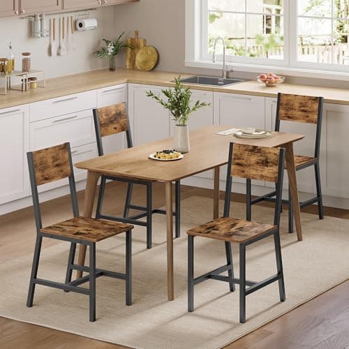 VASAGLE Dining Chair Set of 4, Rustic Wood Chairs with Metal Steel Frame, Easy to Assemble, Comfortable Seat, Modern Farmhouse Chair for Kitchen, Bedroom, Living Room, Rustic Brown and Ink Black - Image 1