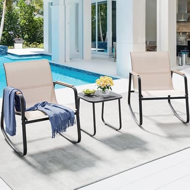 YITAHOME 3 Piece Rocking Bistro Set, Outdoor Patio Furniture Set with Wooden Armrests, Porch Chairs Set with Glass Table for Lawn, Garden, Balcony, Poolside, Beige - Image 2