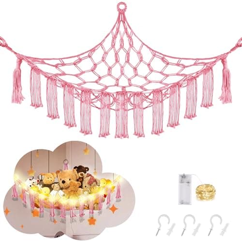 CERETIA Hammock for Stuffed Animals with LED Light, Kids Room Decor Corner, Pink - Image 1