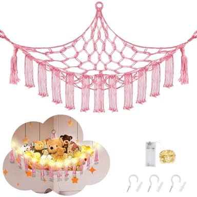 CERETIA Hammock for Stuffed Animals with LED Light, Kids Room Decor Corner, Pink - Image 1