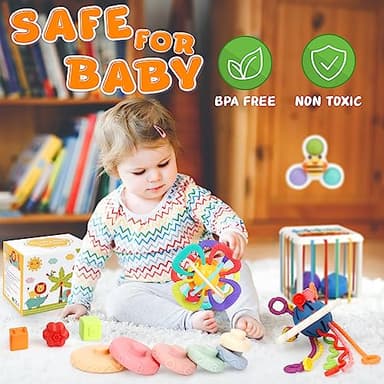 Baby Toys 6-12 Months,5 in 1 Montessori Toys for Babies 6-12 Months,Pull String Infant Teething Toys,Stacking Rings,Color Shape Sensory,Suction Cup Spinner Toys for 6-9-12 to 18 M+ Birthday Gifts - Image 4