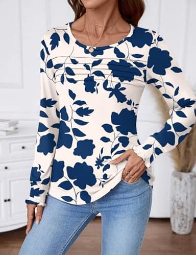 LOMON Ladies Tops and Blouses Long Sleeve Spring Tops Work Shirts for Women Tee Shirts Womens Blue Flower S - Image 4