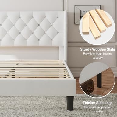 Feonase Queen Size Bed Frame with Diamond Tufted Wingback Headboard, Upholstered Platform Bed, Sturdy Wooden Slats Support, Noise-Free, No Box Spring Needed, Easy Assembly, White - Image 5