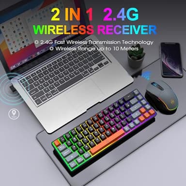 Snpurdiri 60% Wireless Gaming Keyboard and Mouse Combo,Rainbow Backlit Rechargeable 2000mAh Battery,Mini Mechanical Feel Keyboard + Popular RGB Mice for Gaming,Business Office(Gray-Black-Orange) - Image 2