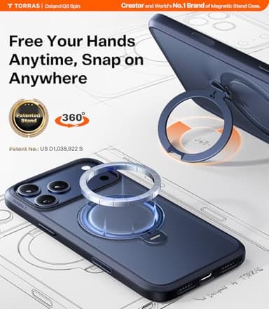 TORRAS Q3 Spin for iPhone 17 Pro Case, Patented 360 Magnetic Stand, Fit for MagSafe, Built-in Ring Holder Kickstand, Military Grade Protective Phone Case for iPhone 17 Pro, Camera Control, Deep Blue - Image 2
