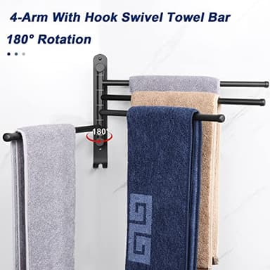 NearMoon Swivel Towel Rack, 13.8" Thicken 304 Stainless Steel 4-Arm Towel Bar, Space Saving Wall Mounted Towel Holder with Hook, Rustproof Swing Out Towel Hanger for Bathroom, Kitchen (Matte Black) - Image 3