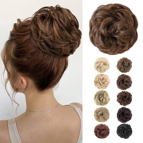 MORICA 1PCS Messy Hair Bun Hair Scrunchies Extension Curly Wavy Messy Bun Synthetic Chignon Hairpieces for Women(2/30#(Darkest Brown & Light Auburn Mixed)) - Image 1