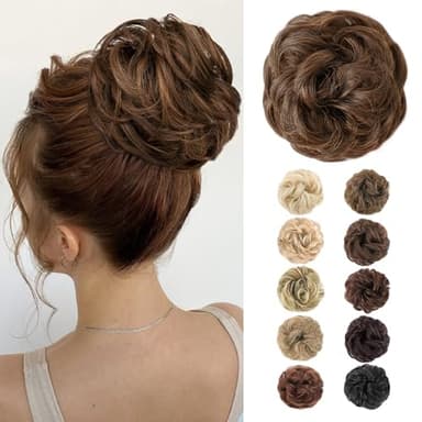 MORICA 1PCS Messy Hair Bun Hair Scrunchies Extension Curly Wavy Messy Bun Synthetic Chignon Hairpieces for Women(2/30#(Darkest Brown & Light Auburn Mixed)) - Image 1