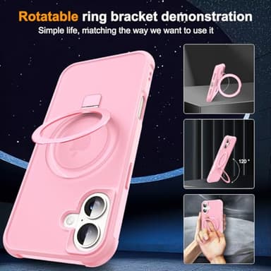 SKYLMW Compatible with iPhone 16 Case with Invisible Magnetic O-Ring Stand Military-Grade Translucent Case for iPhone 16 6.1" [Compatible with Mag-Safe][Great Grip Feeling], Pink - Image 2