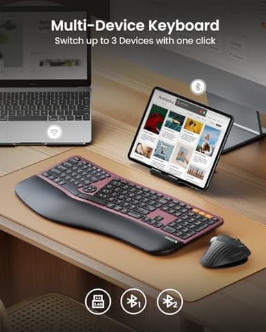 ProtoArc Backlit Bluetooth Ergonomic Keyboard, EK01 Plus Full Size Wireless Split Keyboard with Dual Bluetooth and USB, Cushioned Wrist Rest, Rechargeable, Compatible with Windows/Mac, Wine Red - Image 3
