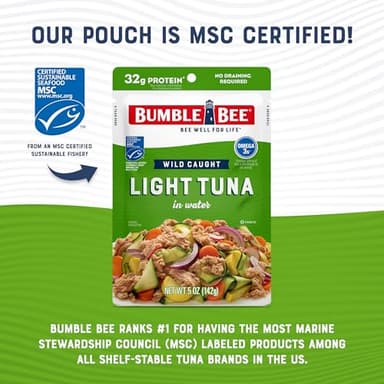 Bumble Bee Chunk Light Tuna in Water, 5 oz Pouches (Pack of 12) - Ready to Eat Wild Caught Skipjack Tuna Packet - 32g Protein per Pouch - MSC Sustainable Seafood, Non-GMO, Gluten Free, Kosher - Image 5