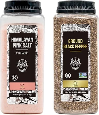 Soeos Himalayan Pink Salt Fine 39 oz + Organic Ground Black Pepper 18 oz, Salt and Pepper for Grinder Refill - Image 1