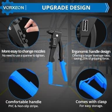 VORXEON Pop Rivet Gun Kit 3/32" 1/8" 5/32" 3/16" Heavy Duty Riveter Tool With 4 Drill Bits And 100 Rivets, Quick Replacement Rivet Nozzles For Metal, Furniture, Automotive - Image 2