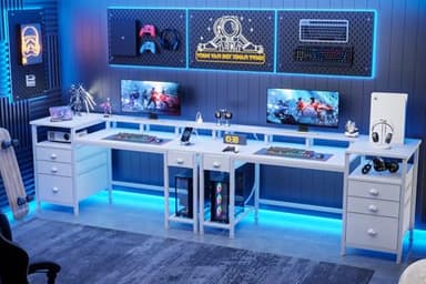 Furologee 60" White Office Computer Desk with 4 Drawers,Gaming Desk with LED Lights and Power Outlets,Long Desk with Fabric File Cabinet,Study Writing Work Table with Shelf for Bedroom Home Office - Image 9