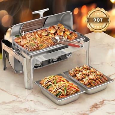 YITAHOME 9 Qt Visible Roll Top Chafing Dish Buffet Set, Rectangular Stainless Steel Buffet Warmer Chafers, for Wedding, Parties, Banquet, Catering Events (1 Full Size & 2 Half-Size) - Image 2