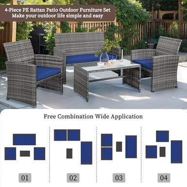 Shintenchi 4 Piece Patio Ratten Set Outdoor Furniture Set Wicker Conversation Set with Cushions and Tempered Glass Tabletop,Deep Blue - Image 2