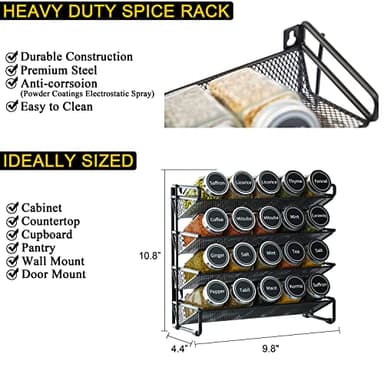 SpaceAid Spice Rack Organizer with 20 Spice Jars, 386 Spice Labels, Chalk Marker and Funnel Set for Cabinet, Countertop, Pantry, Cupboard or Door & Wall Mount - 20 Jars, 9.8" W × 10.8“H, Black - Image 4
