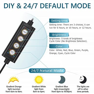 hygger Clip On 24/7 Lighting Aquarium LED Light,Sunrise-Daylight-Moonlight and DIY Mode, Adjustable Timer/Brightness Fish Tank Light with 7 Colors for Planted Tank (14W for 12~20in Tank) - Image 2